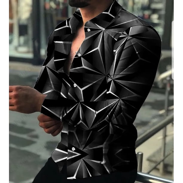 Camisas hawaianas de manga larga para hombre, camisas de playa con estampado geométrico gráfico 3D, camisas de moda para hombre, blusa de calle, camisa