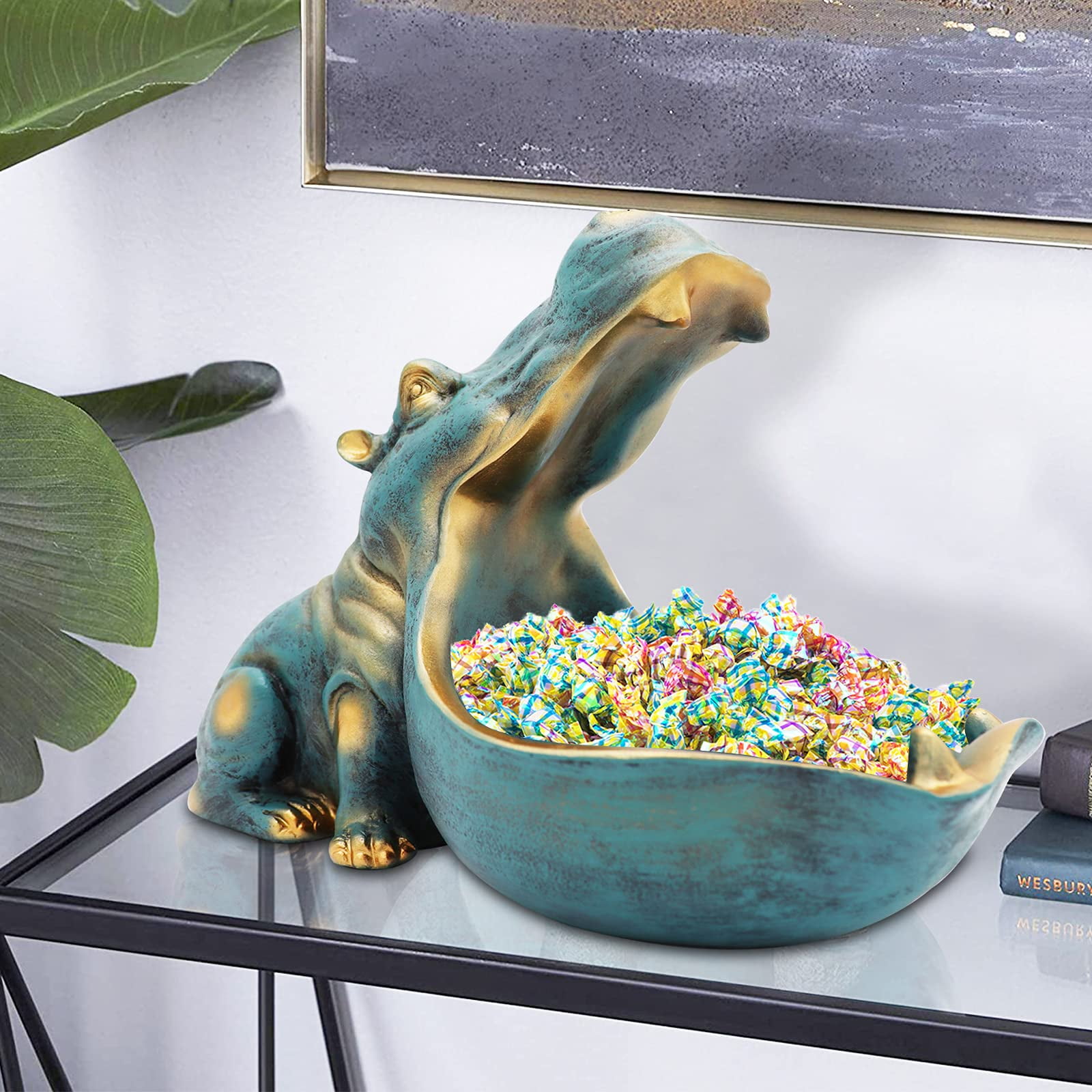 Hippo Statue, Large Hippopotamus Figurine Home Sculpture with Resin, Hippo Candy Jar, Candy Dish Bowl for Office Desk, Key Bowl for Entryway Table, Container Storage Art Decor Box (Dark Blue) image 6