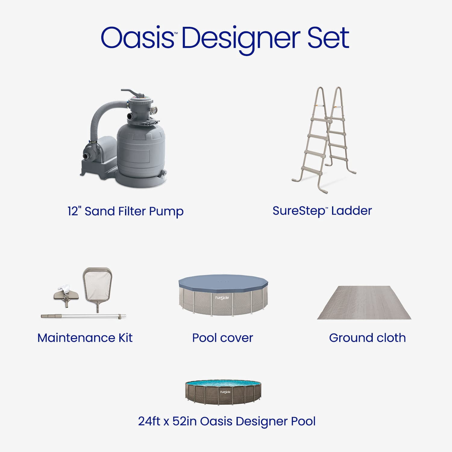 Funsicle Oasis Designer Above Ground Metal Frame Swimming Pool Set – with Sand Filter Pump, Ladder, Cover, Cloth & Maint. Kit, 24' x 52", Round, Double Rattan