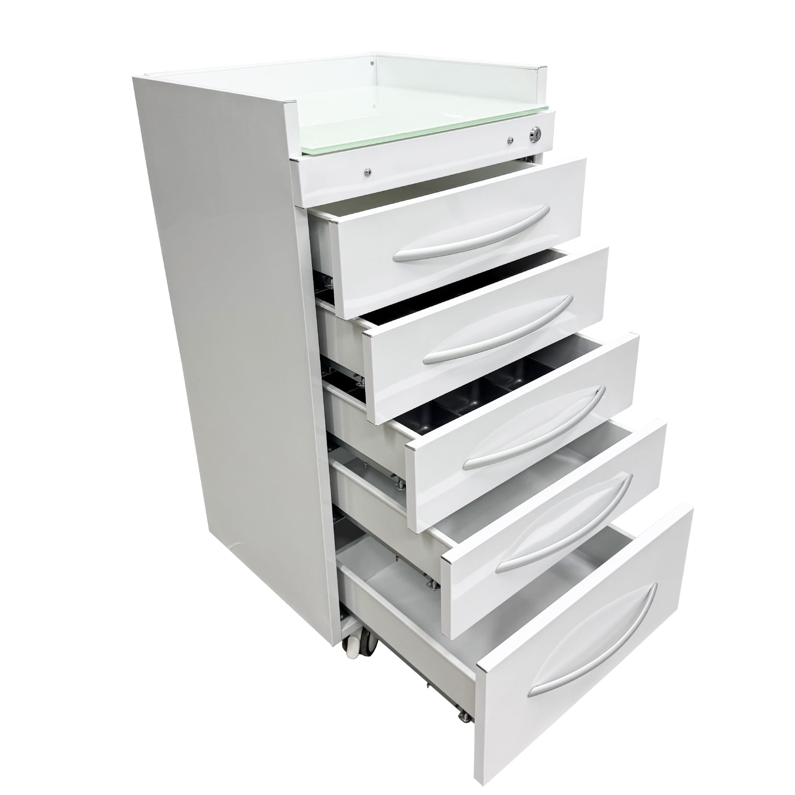 5 Drawers Dental Assistant Mobile Cabinet Office File Storage Cart Lockable Moving Side Cabinet with Lock and 2 Pallets White