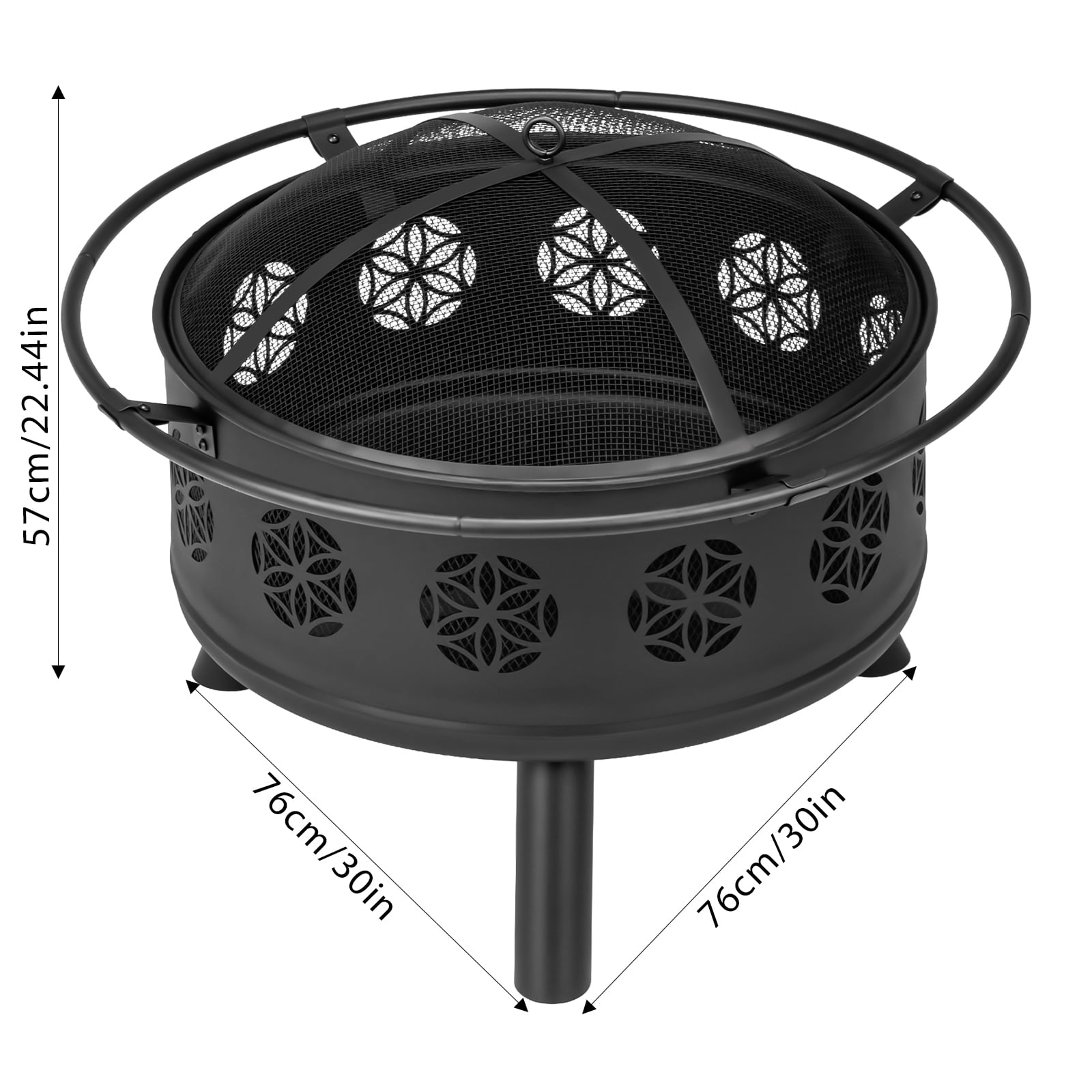 30 Inch Round Outdoor Wood Burning Fire Pit, Heavy Duty Wrought Iron Firepit with Hinged Spark Screen Lid & Lift Ring, Decorative Eternal Flower Cutout Patio Fire Pit for Backyard, Garden, Lawn