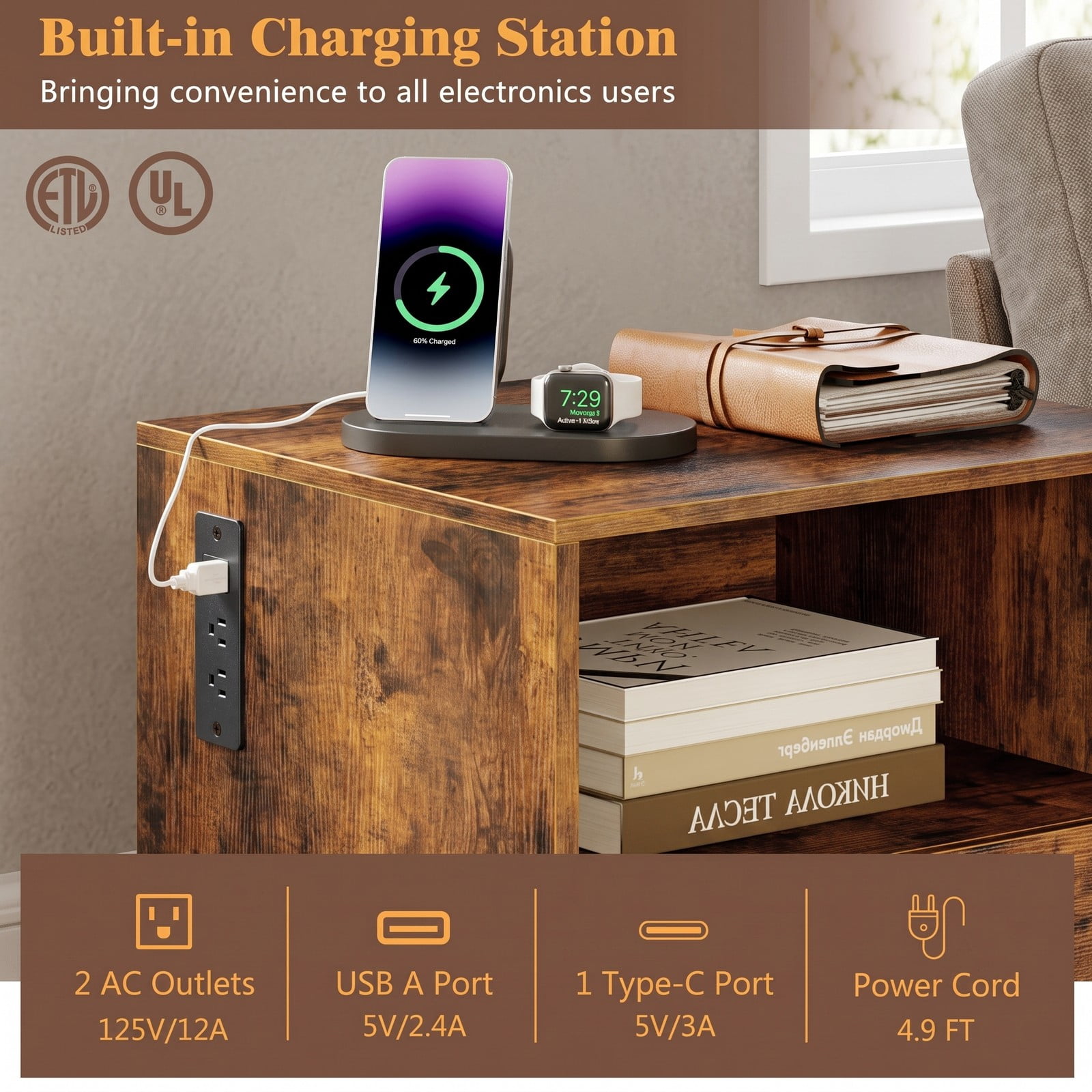 Furnibear Industrial Nightstand with Charging Station and Drawer, Sofa Side Table with Open Compartment and Metal Frame for Bedroom, Rustic Brown