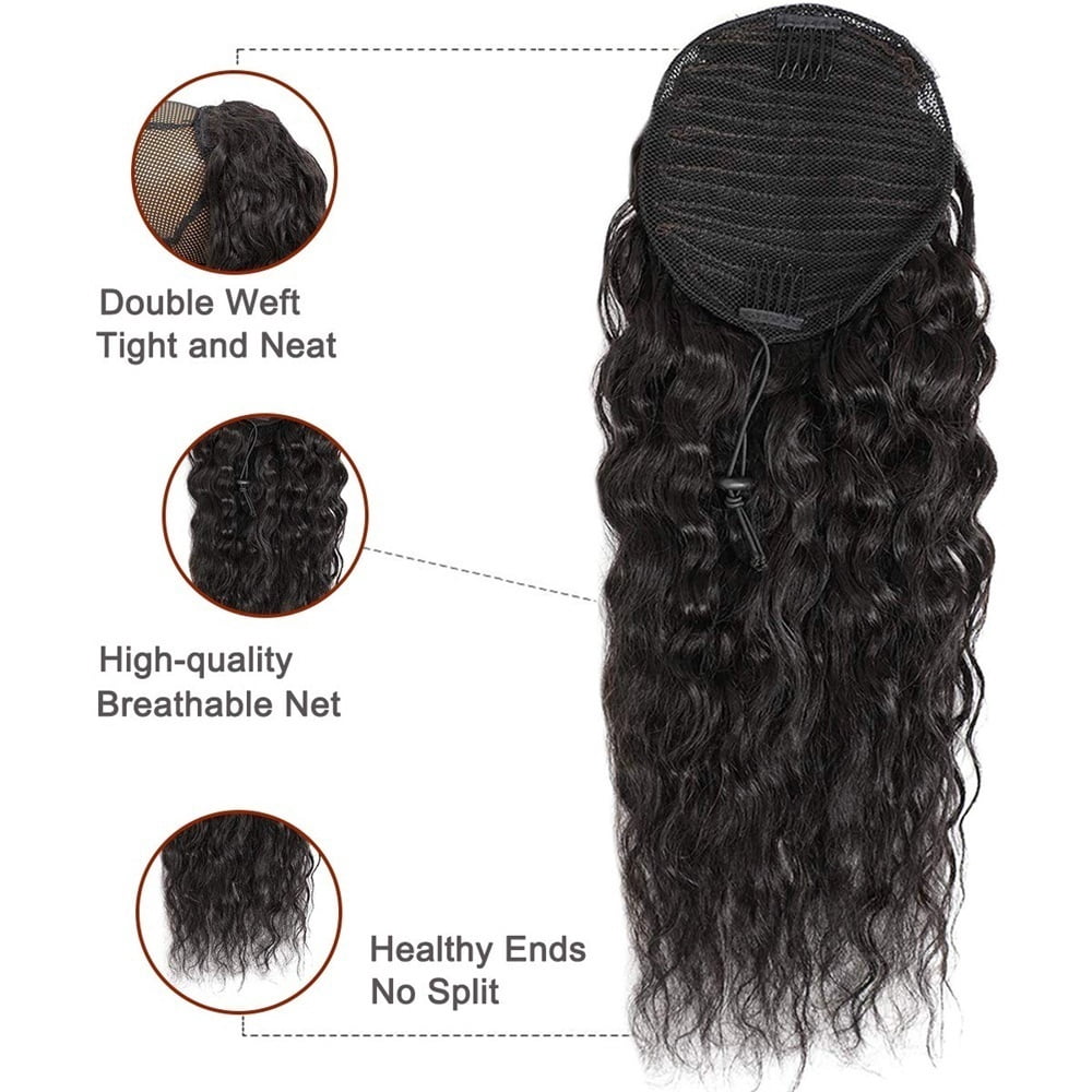 Water Wave Ponytail Human Hair Drawstring Pony Tail Clip in Curly Remy Hair Extensions Natural Black  for Women