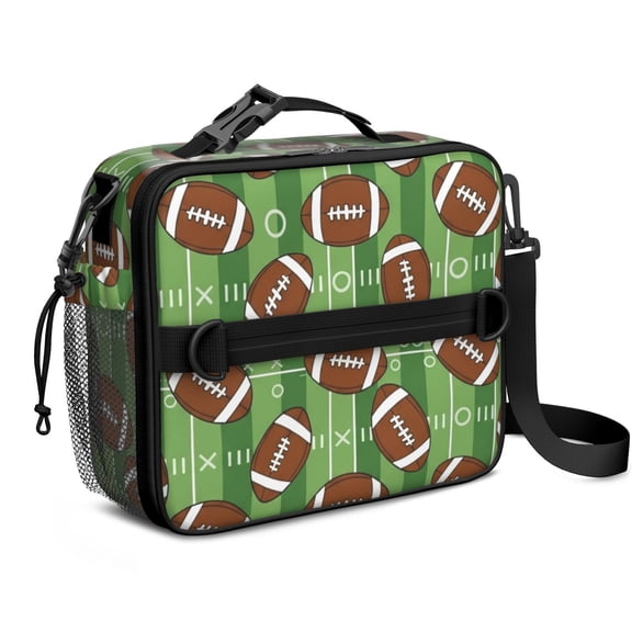 Football Field Green Pattern Insulated Lunch Bag with Shoulder Strap and Bottle Holder,Bento School Lunch Bag Box,11x9.5x3.5 Inches