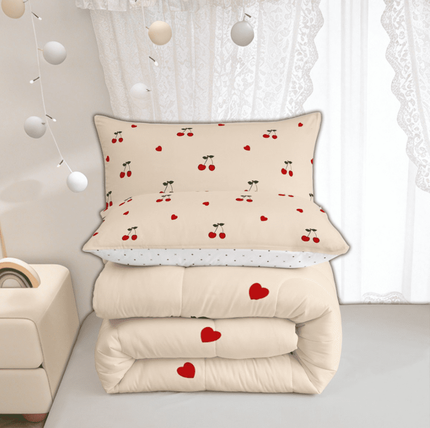 Manfei Kawaii Orange Cartoon Cherry Queen Comforter Set for Kids Girls, Cute Love Heart Bedding Sets, Reversible, 3-Piece