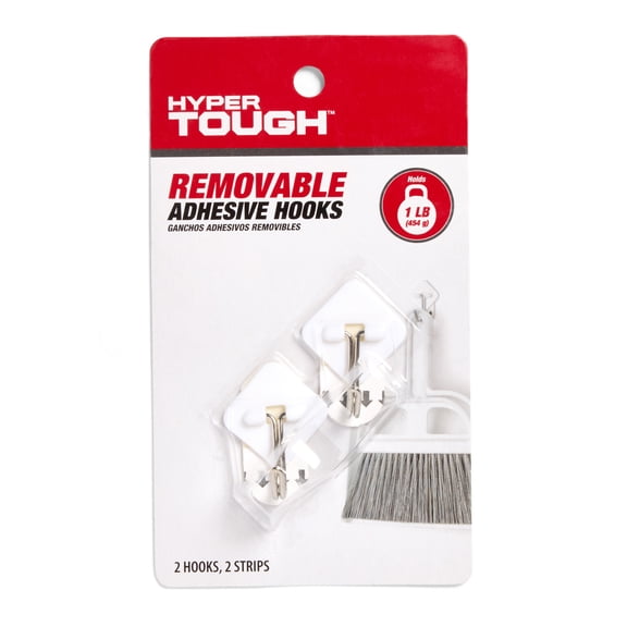 Hyper Tough Removable Hinged Adhesive Hooks, White, 2 Count, 1 lb Capacity