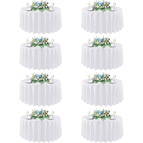 90 Inch Round White Polyester Tablecloth 8 Pack for 30 to 72 Inch Tables