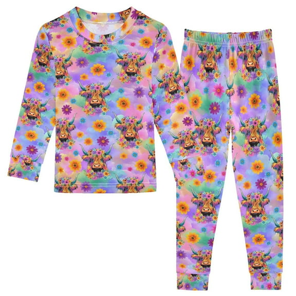 joogoo Highland Cow Floral Gradient 2 Piece Long Sleeve Tee and Pants Cotton Pajama Set 5Y