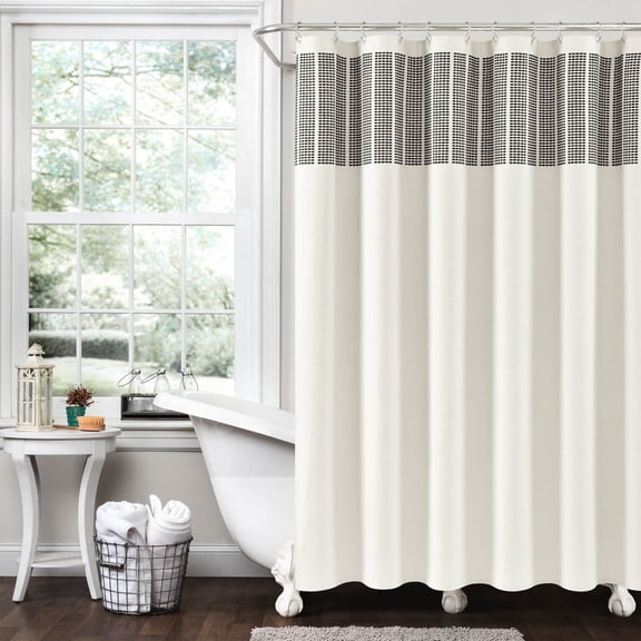 Lush Decor Stitched Woven Stripe Yarn Dyed Eco-Friendly Recycled Cotton Shower Curtain, Ivory/Black, 72" x 72", Single