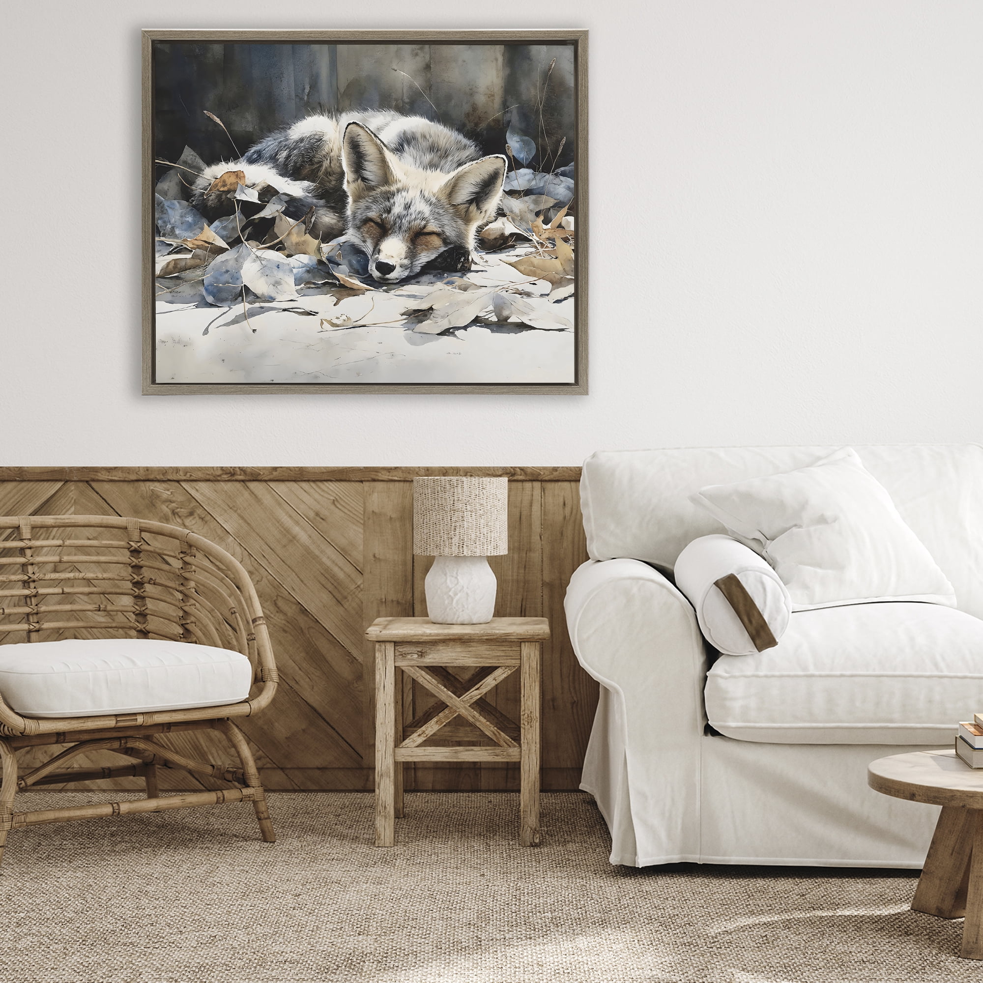 Stupell Industries Blue Fox Resting Among Leaves Brown Framed Floater Canvas Wall Art, design by Franklyn Gregory