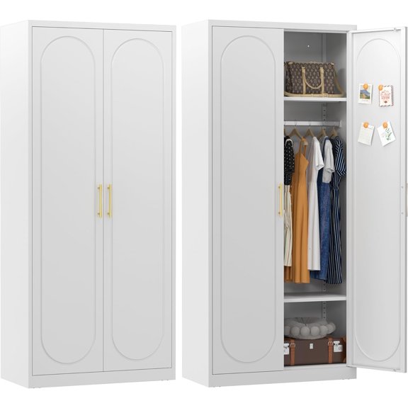 Armoire Wardrobe Closet with Doors, 71'' Wardrobe Cabinet with Hanging Rod, Metal Closet with 2 Adjustable Shelves for Bedroom School, Employee, Gym, Armarios De Ropa para Dormitorio, White