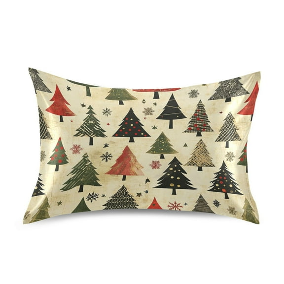 Satin Pillow Case Standard Silk Pillow Cover for Hair and Skin Envelope Closure Retro Christmas Trees 20"x26"