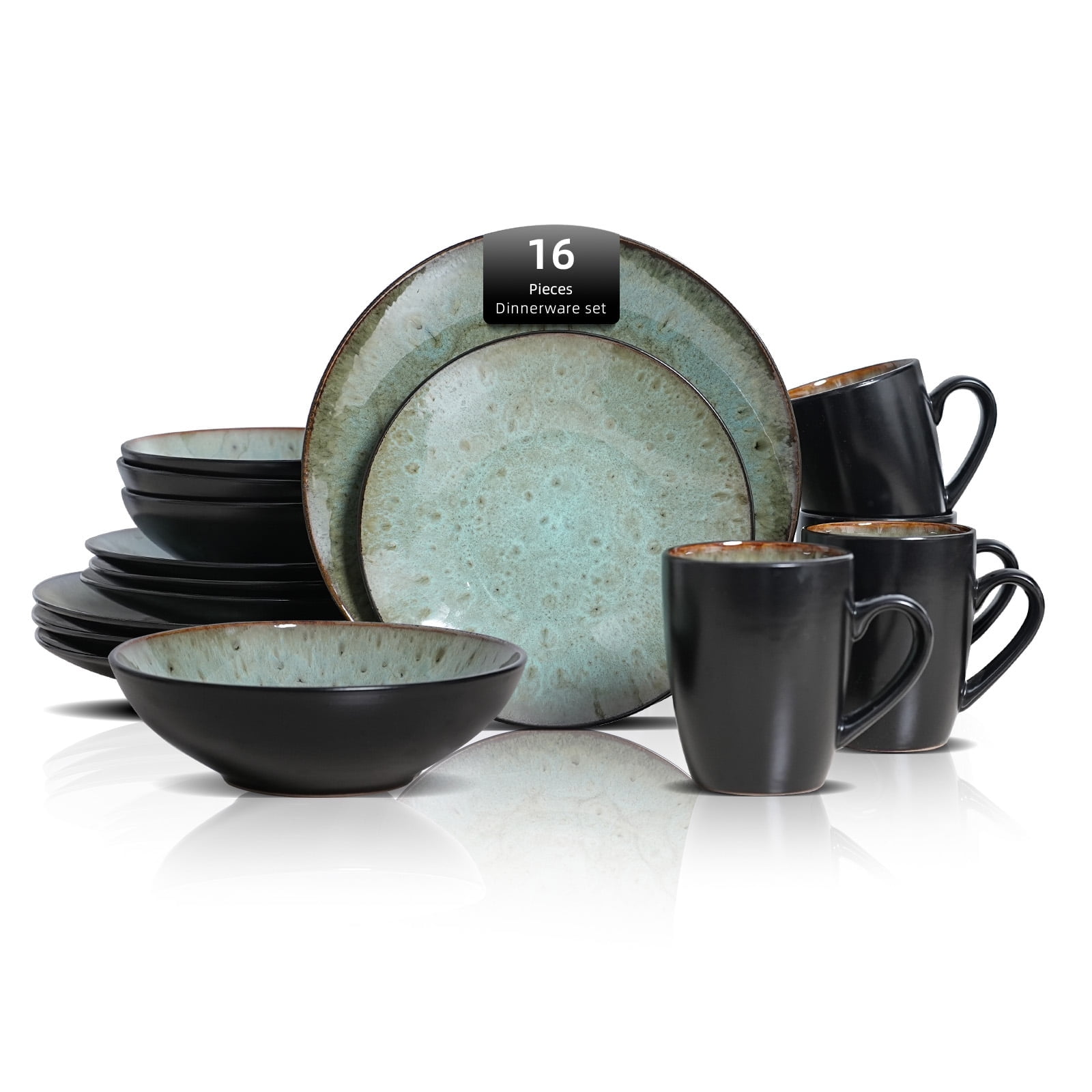 HomeVss 16-Piece plates and bowls sets - Serves 4, Stoneware Dinner Set Reactive Glaze ( Java Green)