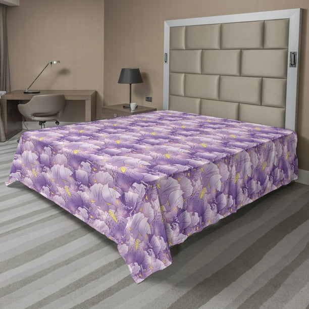 Floral Flat Sheet, Nature Themed Violet Tone Iris Flowers in Effect