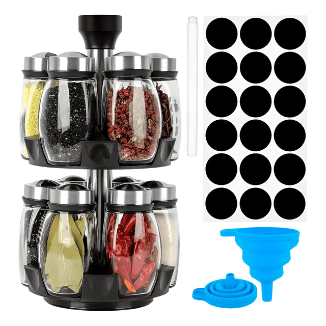 Organizador de Cocina Giratorio 360º con 12 Frascos Especieros de Vidrio con Tapas de Acero Inoxidable Xtellar negro