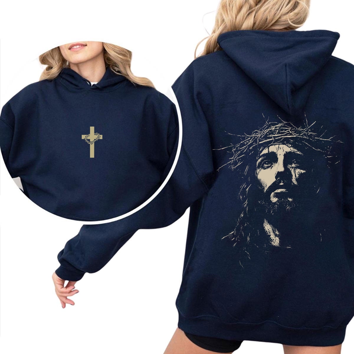 Jesus Crown of Thorns Double-Sided Christian Unises Pullover Hoodie, Faith-Based Religious Hooded Sweatshirt for Men and Women, Sizes S–5XL