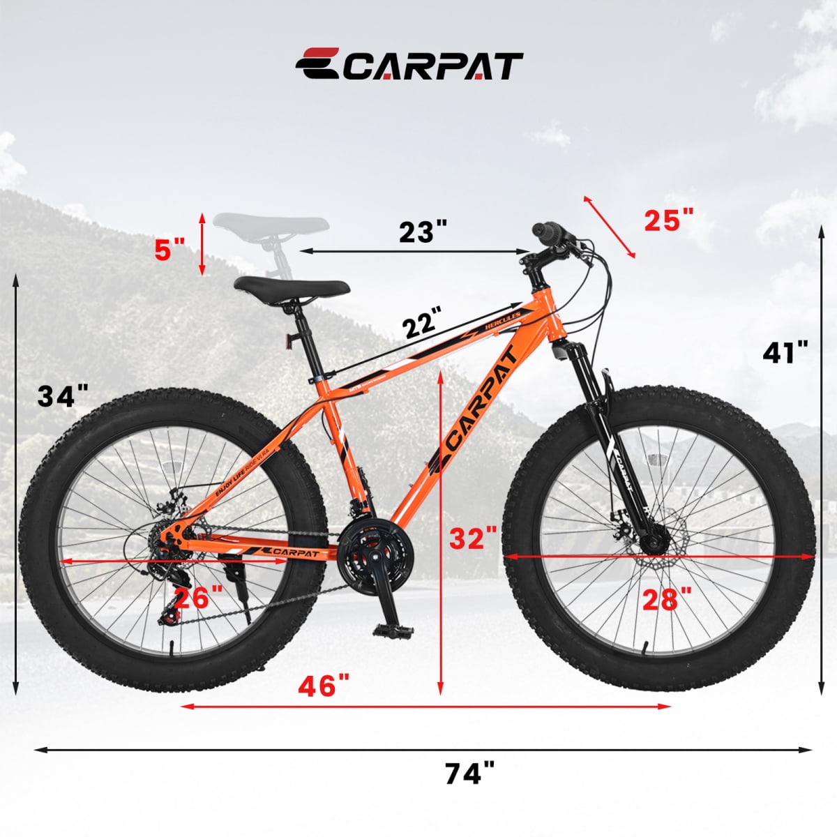 LuckyNote 26 Inch Fat Tire Mountain Bike, Full Shimano 21 Speed, Dual Disc Brake, High-Carbon Steel Frame, Front Suspension, Urban Commuter, Orange