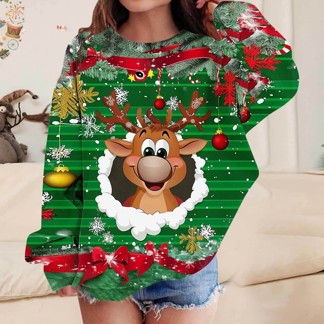 Blusas y camisas de manga larga con cuello redondo para niños Estampados navideños de manga larga Casual Suelto Forro polar para mayor calidez Sudadera con capucha de manga larga con cuello redondo pa