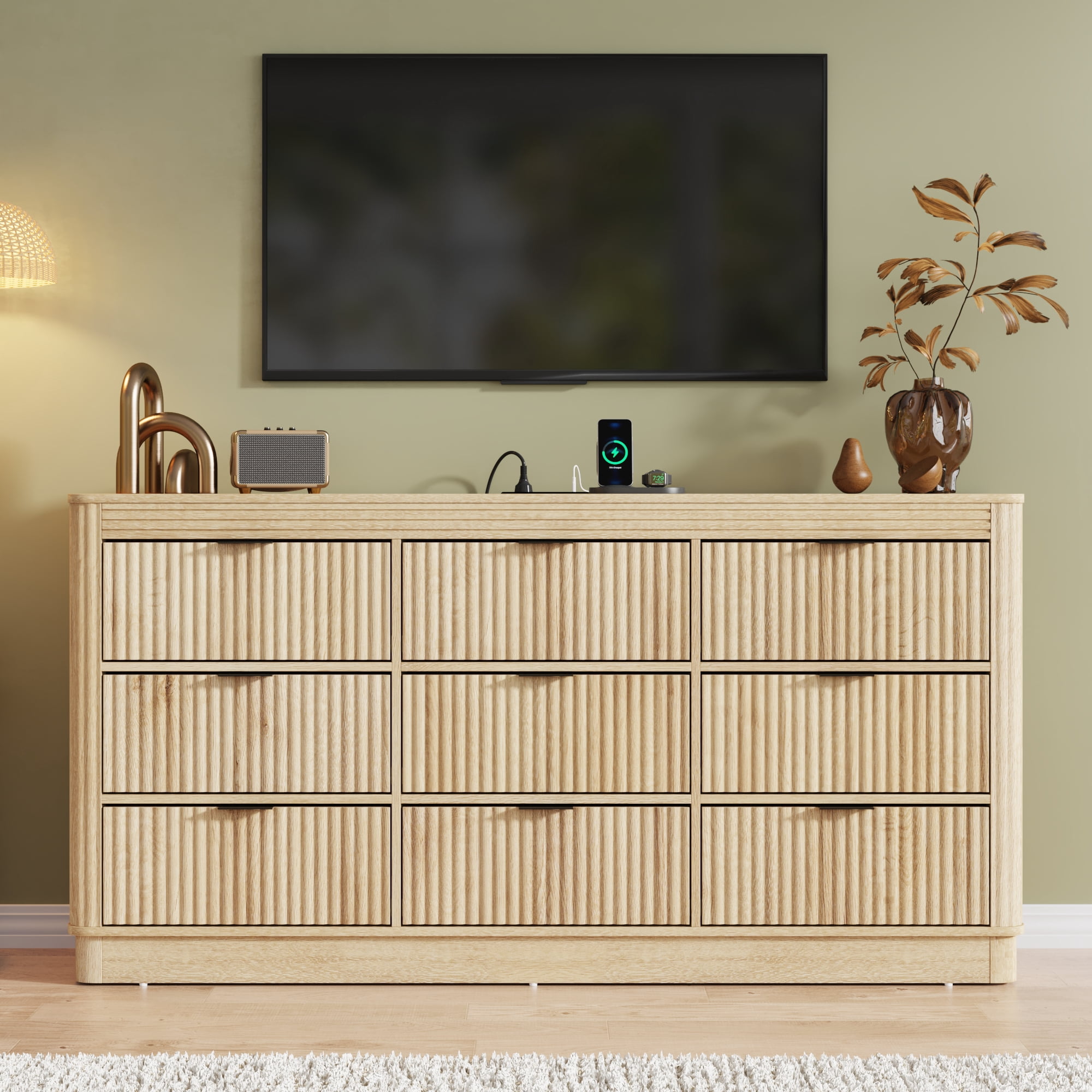 Blotout Fluted 9 Drawers Dresser for Bedroom, 63'' W Chest of Drawers with Power Outlet&Metal Handle, Fluted Fronts, Modern Dresser TV Stand, Wood Clothes Storage Organizer for Living Room, Hallway