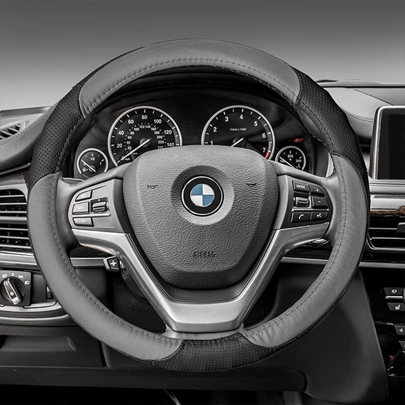 FH Group Perforated Genuine Leather Steering Wheel Cover Fits 14.5 - Gray/Black