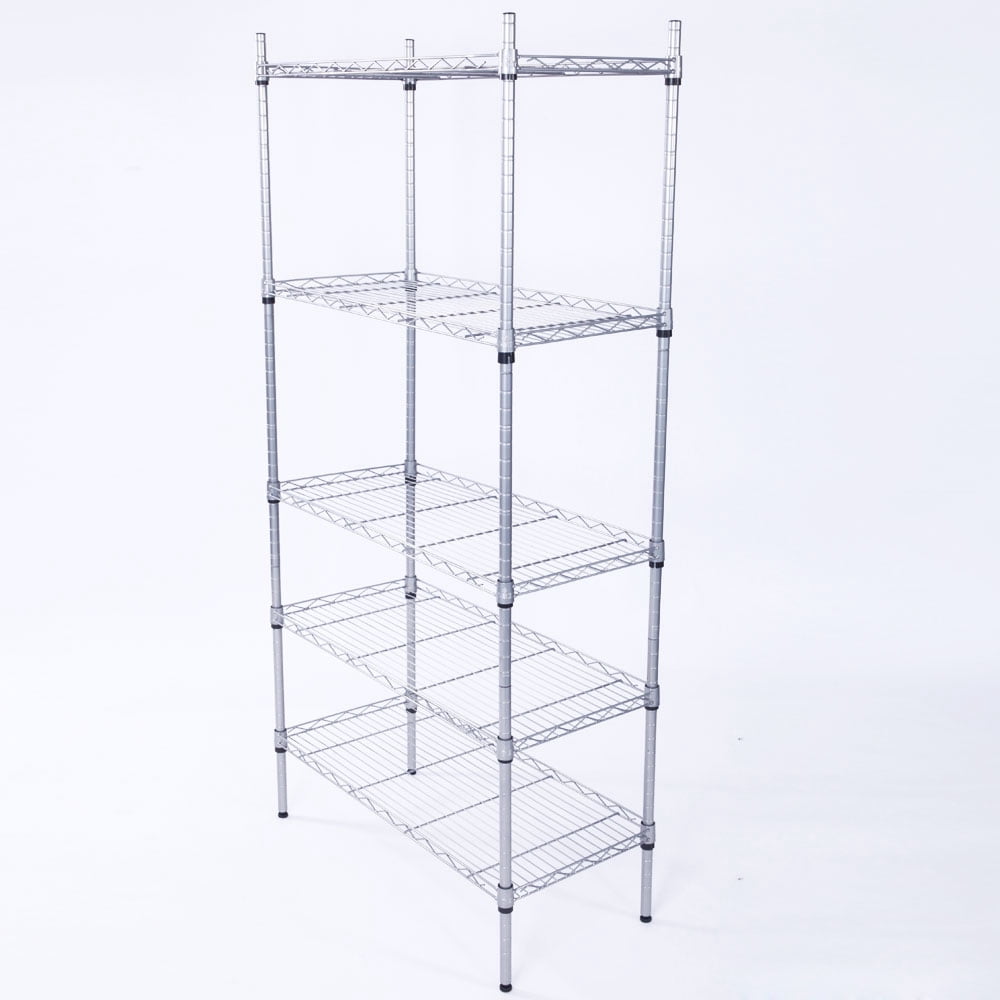 5 Shelf Storage Rack Rectangle Carbon Steel Metal Assembly, Silver Gray