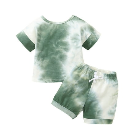 

Kucnuzki 3T Toddler Boy Summer Outfits Shorts Sets 4T Short Sleeve Tie Dye Prints Cozy Tops Elastic Belt-Tie Shorts 2PCS Set Green