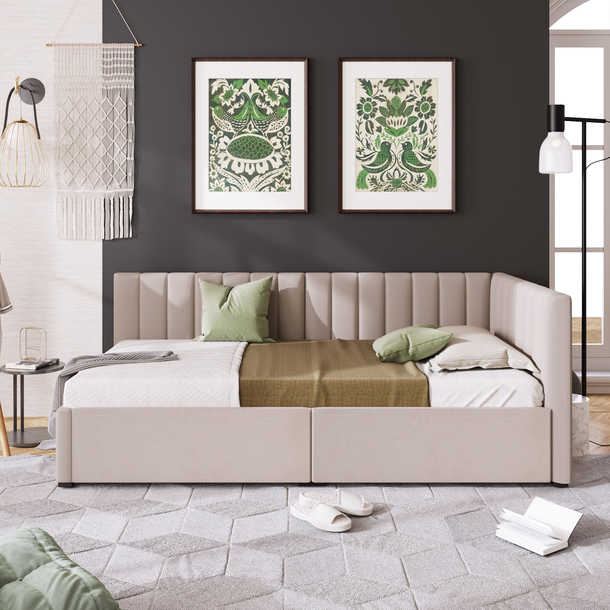 Aukfa Upholstered Daybed with Two Storage Drawers, Twin Sofa Bed Daybed, Beige