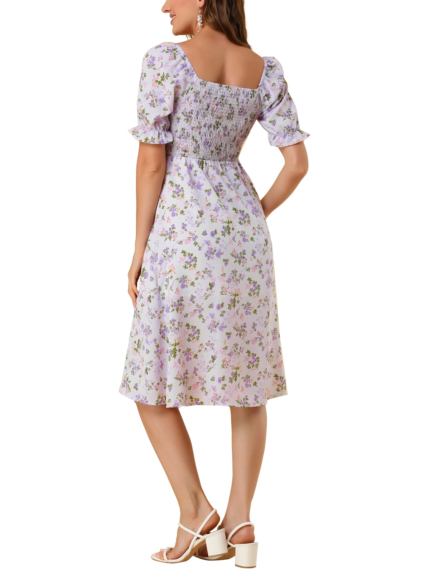 DARING DIVA Square Neck Puff Sleeves Smocked Waist Midi Floral Dres S Purple