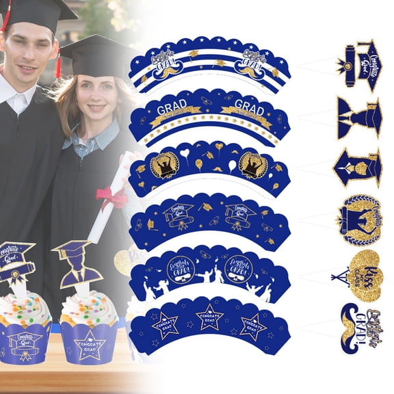Graduation Cupcake Toppers 2026, Graduation Decorations 2026, Graduation Party Decorations, Graduation Cupcake Toppers and Wrappers Set, Congrats Grad Grad Cap & Diploma Cake Decor Blue 6Pcs