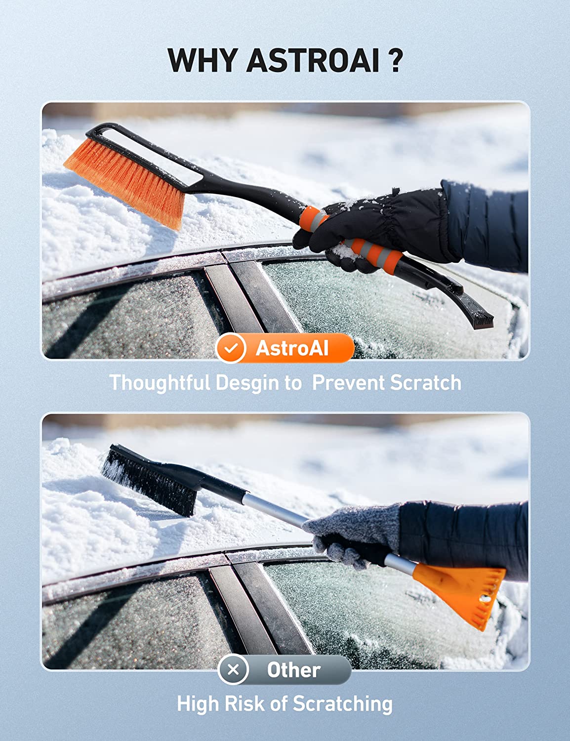 AstroAI Ice Scraper and Detachable Snow Brush for Cars, Foam Grip, 1 Pack, Yellow, Size: Small