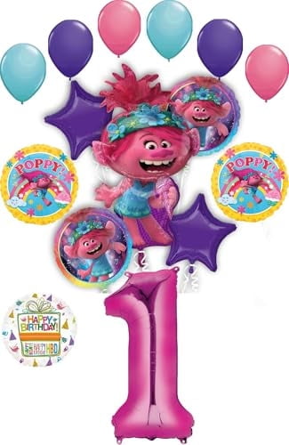 Poppy World Tour 1st Birthday Party Supplies 15pc Balloon Bouquet Decorations