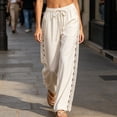 thumbnail image 4 of Linen Pants Women Breathable Drawstring Elastic Waist Capri Pants with Lace Side Summer Casual Beach Trousers White XL(XL), 4 of 9