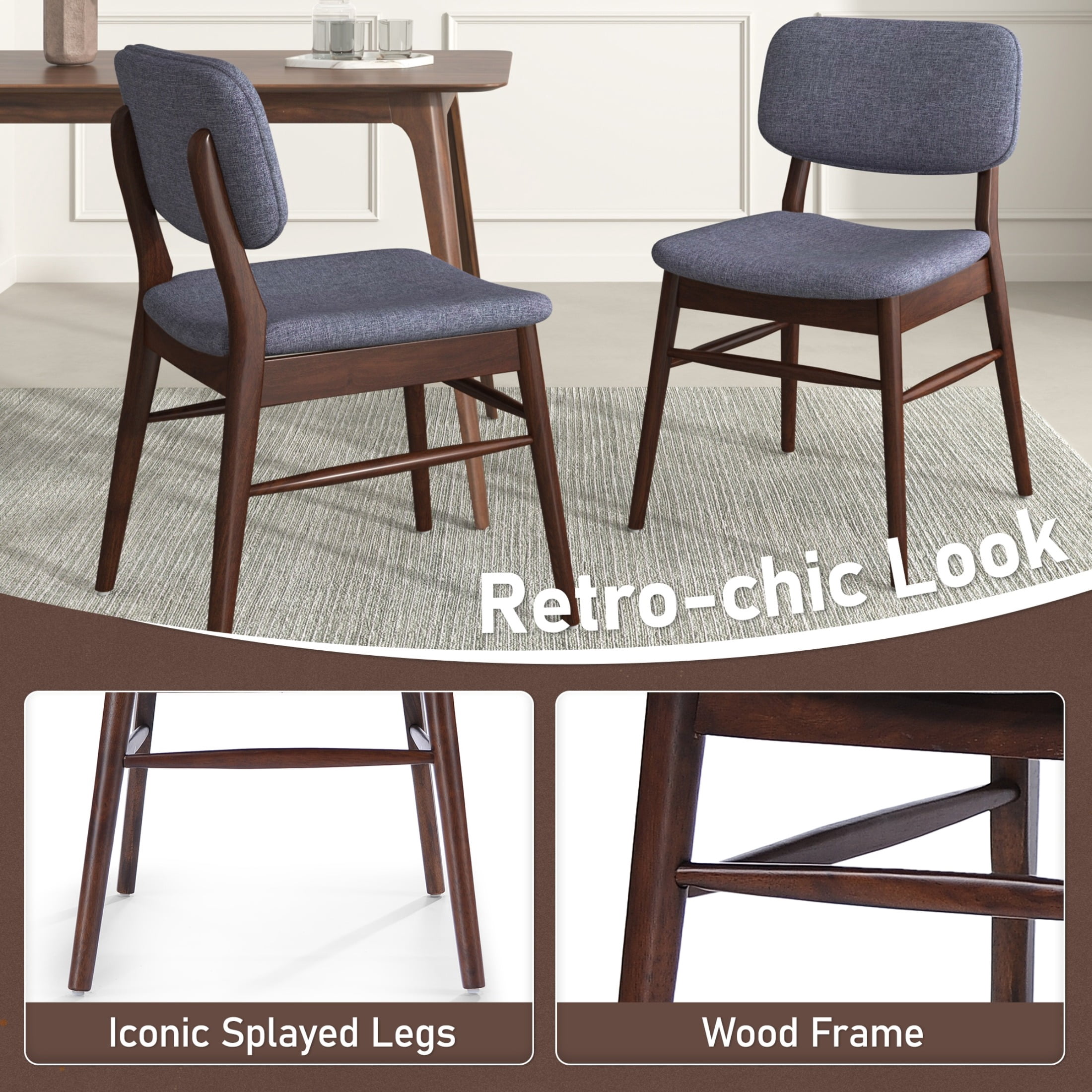 Dining Chairs Set of 2, Rubberwood Chairs with Upholstered Seat for Living Room, Dining Room, Walnut + Charcoal