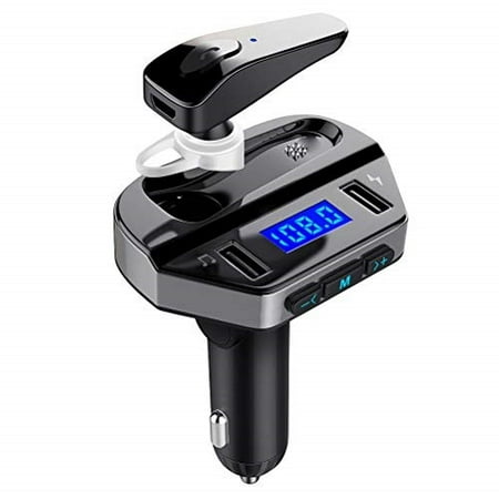 lutu bluetooth fm transmitter for car with earphone, wireless radio adapter in car kit with hands free calling headset, support usb flash drive music player dual fast