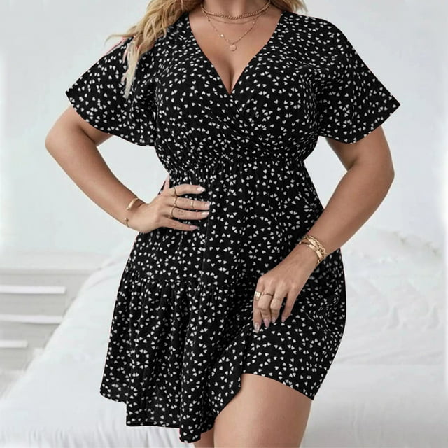 Robes pour Femmes 2024 Femmes Grande Taille Imprimé Taille Élastique Col en V Manches Courtes Robe en Liquidation