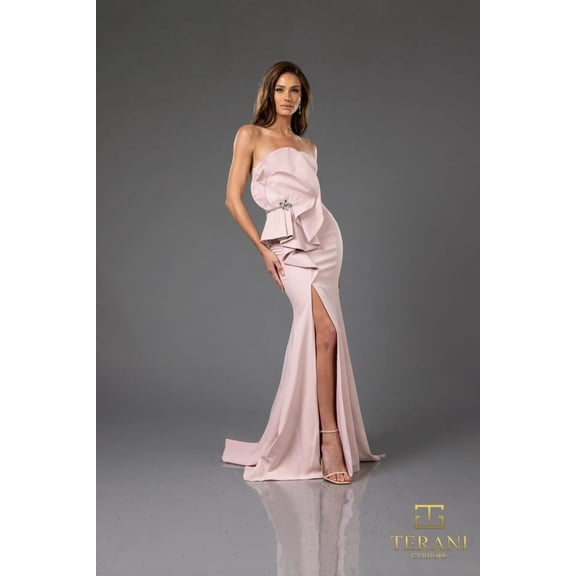 Terani Couture 251E4631 Ruffled One-Shoulder Formal evening elegant Gown with Slit Blush Pink 20