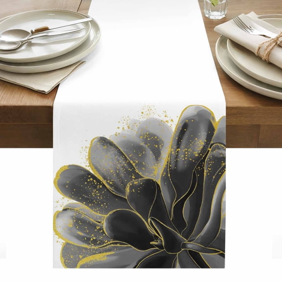 Black Grey Table Runner - 60 Inch Long, Kitchen Dining Table Runner Dresser Scarves, Vintage Gold Ink Floral Chinese Painting Farmhouse Decor for Coffee Tables Wedding Party Banquet