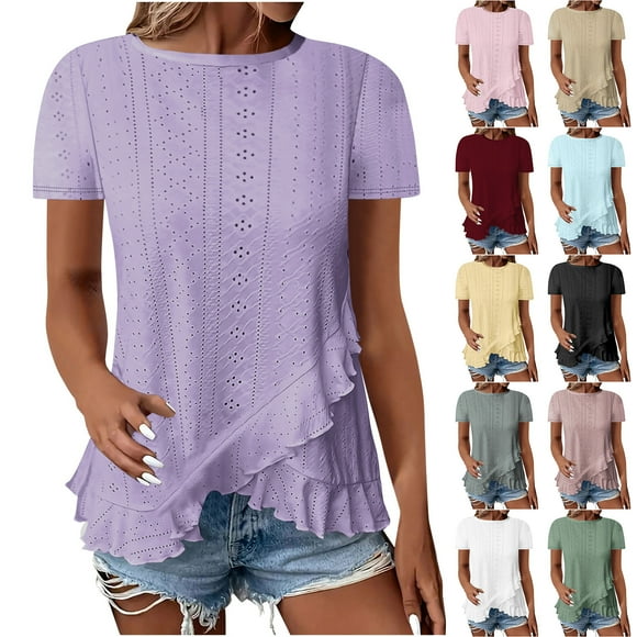 QATAINLAV Womens 2025 Fashion Tiered Lace Short Sleeve Tops Dressy Casual Crew Neck Soft Eyelet Tshirts Solid Color Loose Hem Blouse 90 Percent off Clearance Sale Army Green M