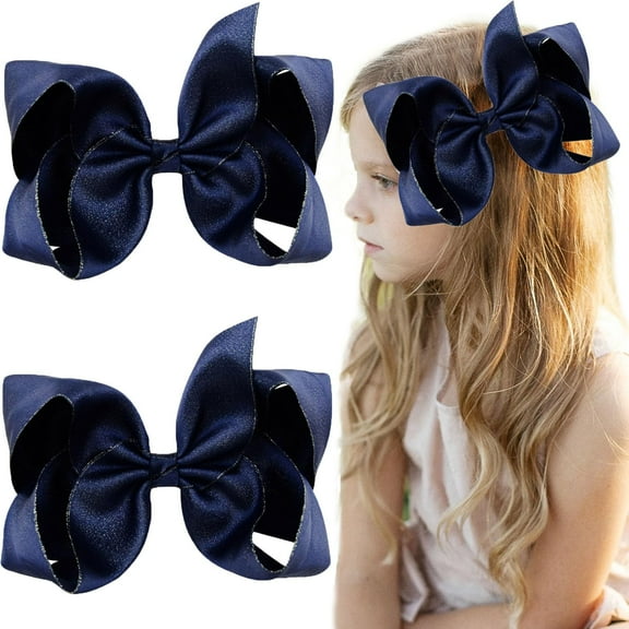 2 PCS 6" Hair Bows for Girls Alligator Clips Grosgrain Ribbon Solid Color Hair Accessories for Little Teen Toddler Girls Kids (Gold)