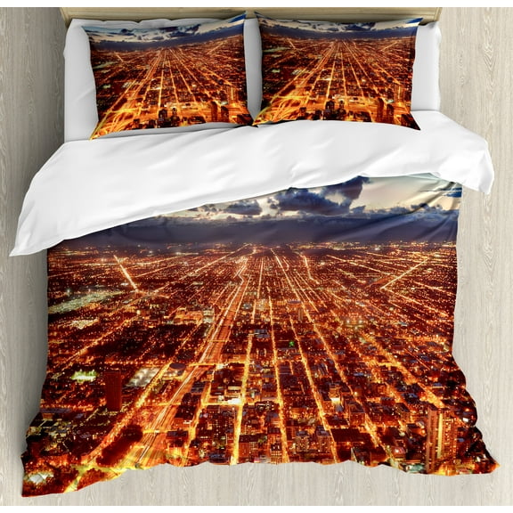 City Duvet Cover Set, Chicago Downtown Skyline Aerial Panorama View at Dusk with Skyscrapers, Decorative 3 Piece Bedding Set with 2 Pillow Shams, King Size, Orange Dark Orange Blue, by Ambesonne