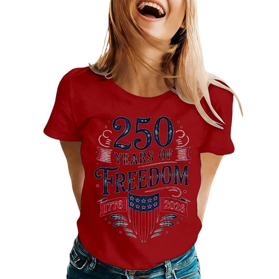 CUSTG Women T-Shirts Graphic Print T Shirt Anniversary Lettering Casual Short Sleeve Tops Everyday O-Neck 1776-2026 Celebrate America's 250th Anniversary Comfort Streetwear
