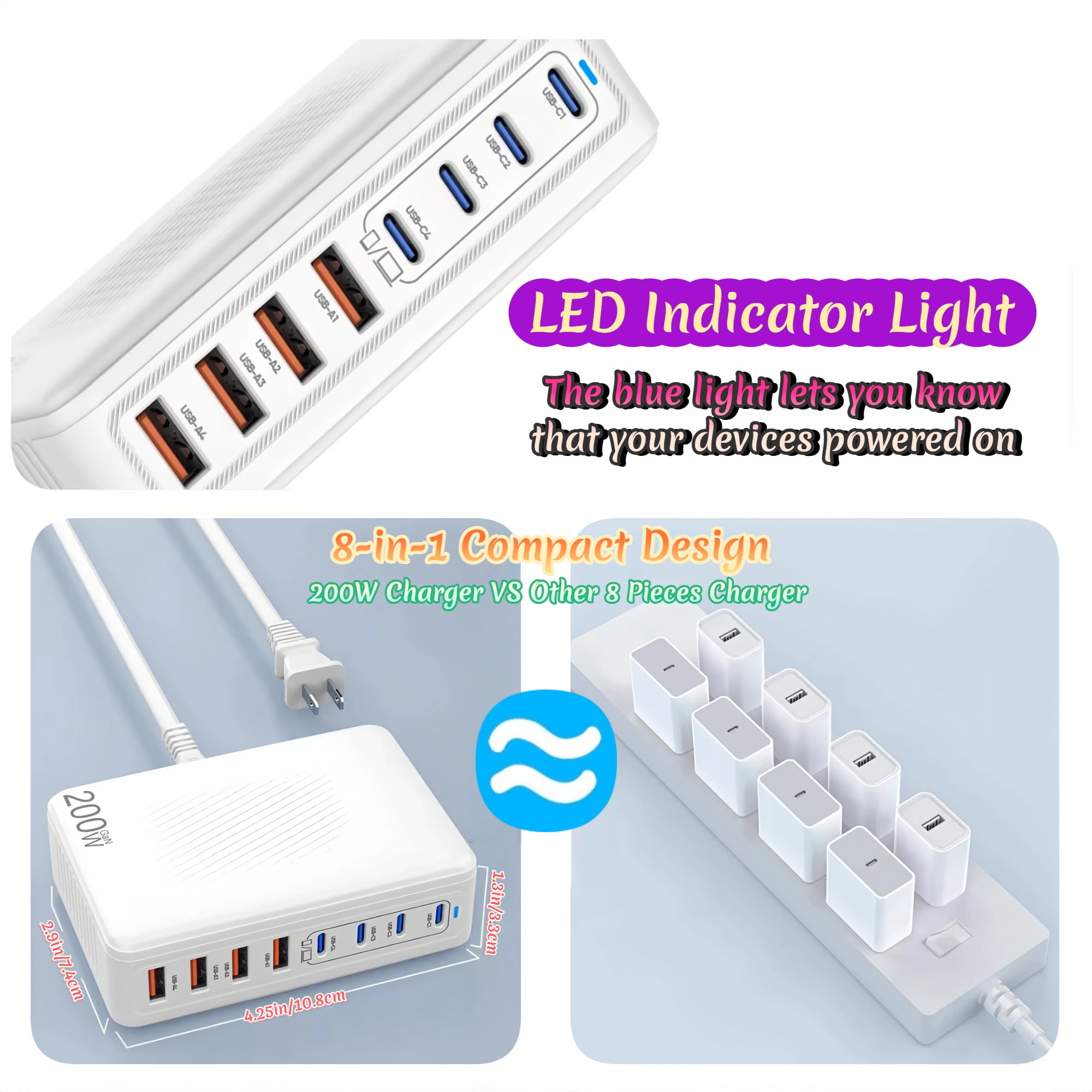 Fast Charger USB C Charger Block, 200W GaN 8 Port USBC Charging Station USB Hub Block Cube, PD 65W Laptop Charging Station for Multiple Devices iPhone 17/16/15,MacBook Pro/Air,iPad,White