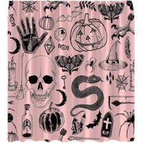 Halloween Witchy Shower Curtain Pink Spooky Gothic Alchemy Psychic Spooky Skull Skeleton Ouija Board Palmistry Horror All Saints Day Fabric Bath Curtain Set with Hook