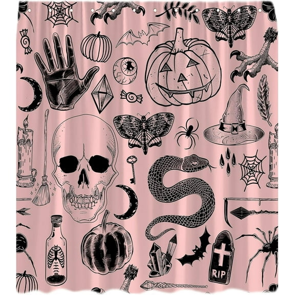 Halloween Witchy Shower Curtain Pink Spooky Gothic Alchemy Psychic Spooky Skull Skeleton Ouija Board Palmistry Horror All Saints Day Fabric Bath Curtain Set with Hook