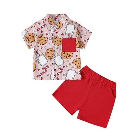 

Luethbiezx Boys Red Shorts Sets with Christmas Short Sleeve Lapel Button Up Shirt