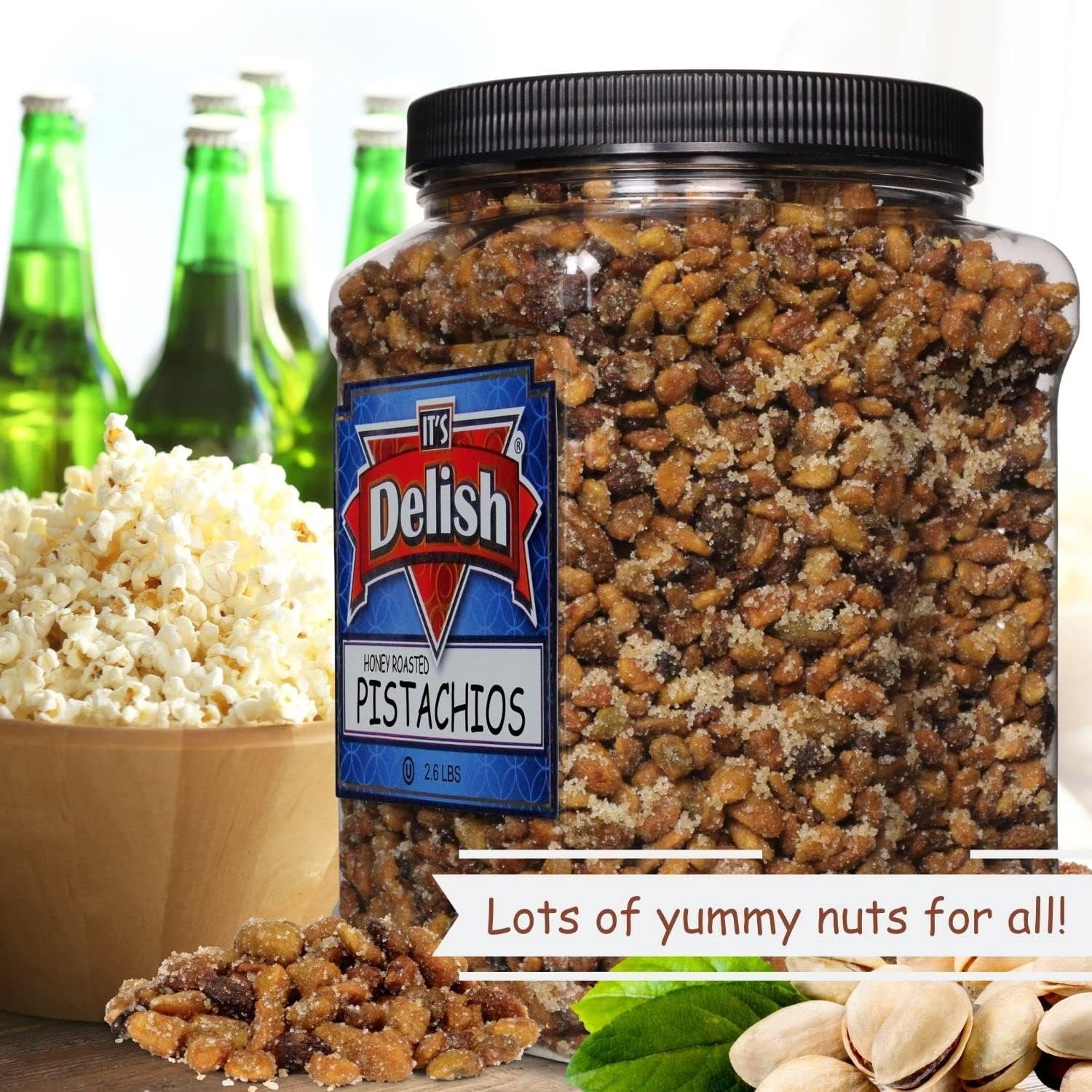 Honey Roasted Pistachio Shelled, No Shell by It's Delish, 2.6 LBS Reusable Jumbo Container  Gourmet Pistachio Shelled, No Shell Nuts in Honey Sugar Coating, Sweet & Heart Healthy Salted Nut,...