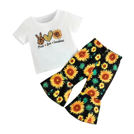 

Little Girlss Party Dailywear Sets Letter Printed O-Neck Short Sleeve Tops Bell Bottoms Pants Outfits Dailywears Comfortable Loose Fittness Sets