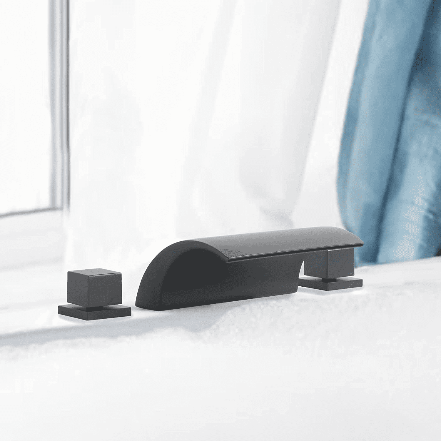 WOWOW Bathtub Faucet with Waterfall Spout, Deck Mount Bathroom Tub Faucet Set, 3 Hole High Flow Tub Filler, Matte Black