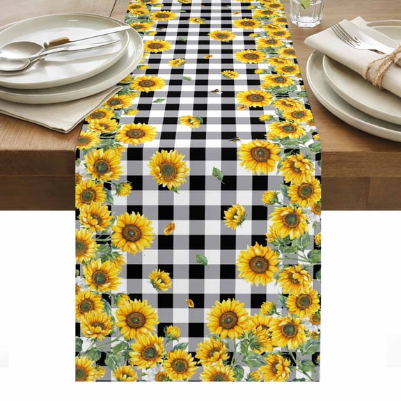 Yellow Sunflower Table Runner - 48 Inch Long, Kitchen Dining Table Runner Dresser Scarves, Summer Bee Floral Black White Plaid Farmhouse Decor for Coffee Tables Wedding Party Banquet