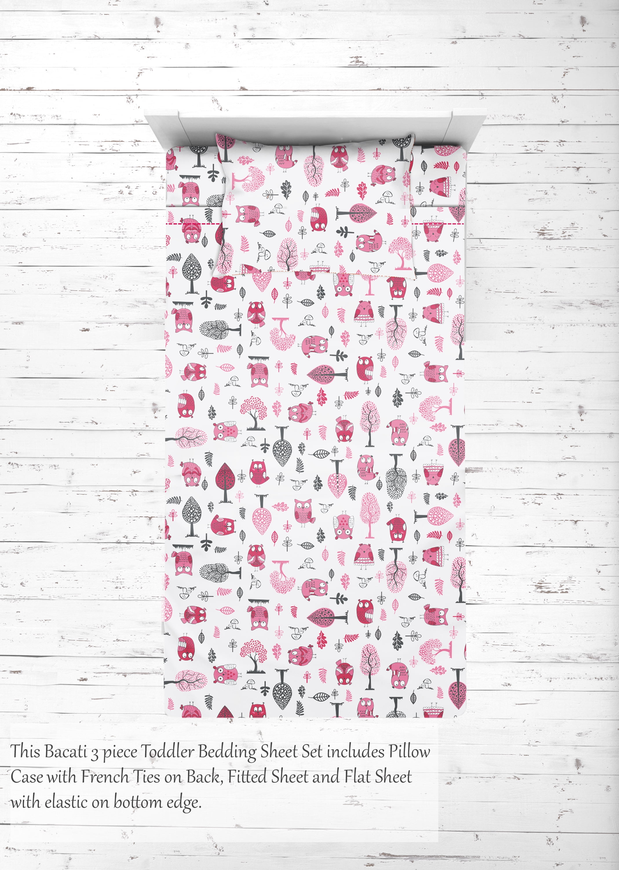 Bacati - Owls Pink/Grey Girls Cotton Toddler Sheet Set